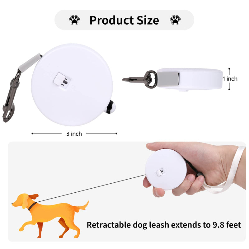 Retractable Dog Leash for Small and Medium Dogs up to 22lbs with 9.8ft Strong Nylon Tape, Hands Free, Portable and Lightweight Leash with Wrist Strap, One-Hand Brake, Tangle Free (White) White - PawsPlanet Australia