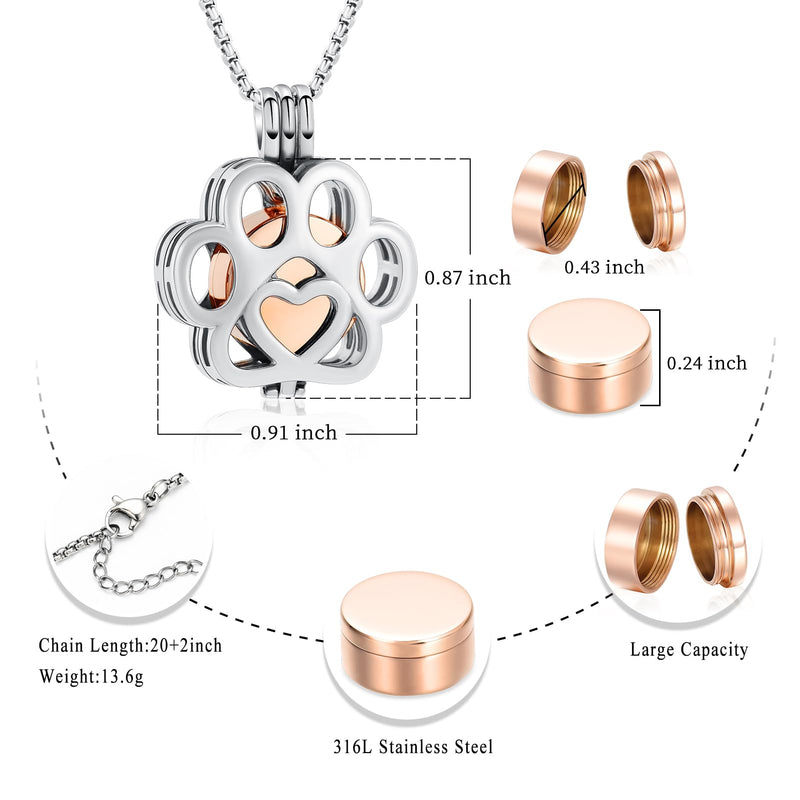 Pet Cremation Jewelry For Ashes For Dog/Cat Paw Stainless Steel Memorial Locket Urn Necklace Inside Mini Case Keepsake Cremation Jewelry Women Men Silver-Rose gold