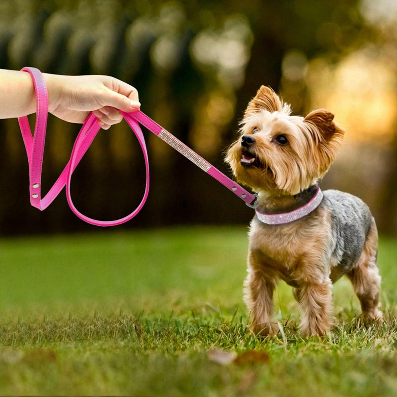 Rhinestone Bling Leather Dog Cat Collar & Leash Set Crystal Diamonds Studded Cute Bowknot Puppy Small Dogs Collar Puppy Leash XS Rose