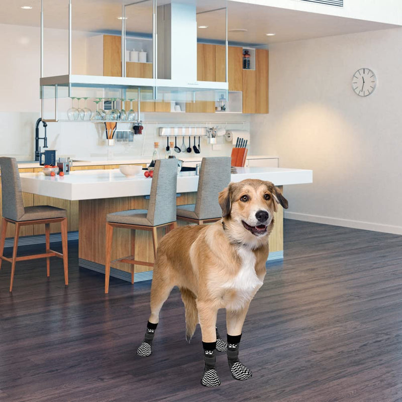 PUPTECK Anti Slip Dog Socks 2 Pairs with Double Grippers for Hardwood Floors, Shoes for Hot/Cold Pavement, Boots & Paws Protectors to Prevent Licking, Traction Booties for Senior Small Large Dogs Medium(2 Pair) Black(Wave) - PawsPlanet Australia