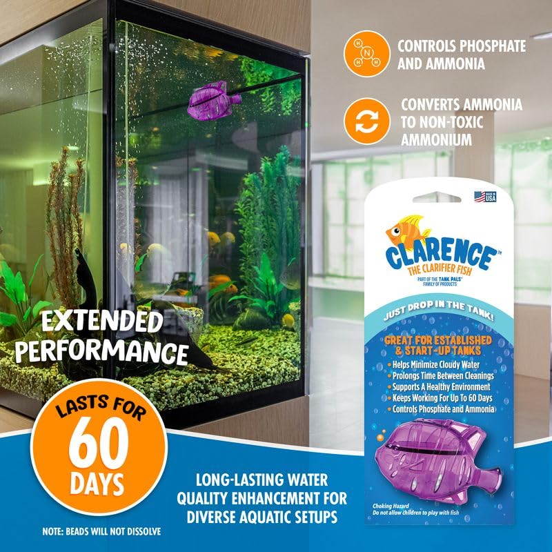 Clarence the Clarifier Fish - 3 pk, Purple - Aquarium Treatment, Clear Cloudy Fresh-Saltwater, Fish-Plant Safe, 10gal Tank Maintenance Each 3 Pack