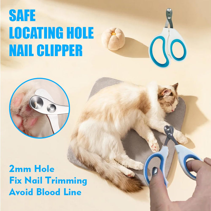 Grooming Brush Kit - 5pcs for Shedding & Matted Fur, Self-Cleaning with Flea Comb for Indoor Long-Haired Cats, Blue Blue Long - PawsPlanet Australia