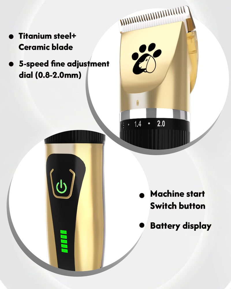 Dog Clippers Cordless, Professional Pet Clippers, 2-Speed Low Noise Dog Grooming Kit, Pet Trimmer for Small Large Thick Hair Dogs Cats Gold - PawsPlanet Australia