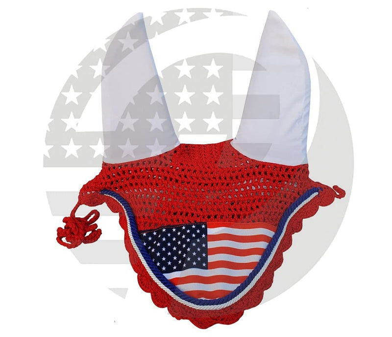 USA Flag Horse Ear Bonnet Fly Veil Crochet Equestrian Bonnet in 2 Style (Full, USA Flag RED) FULL