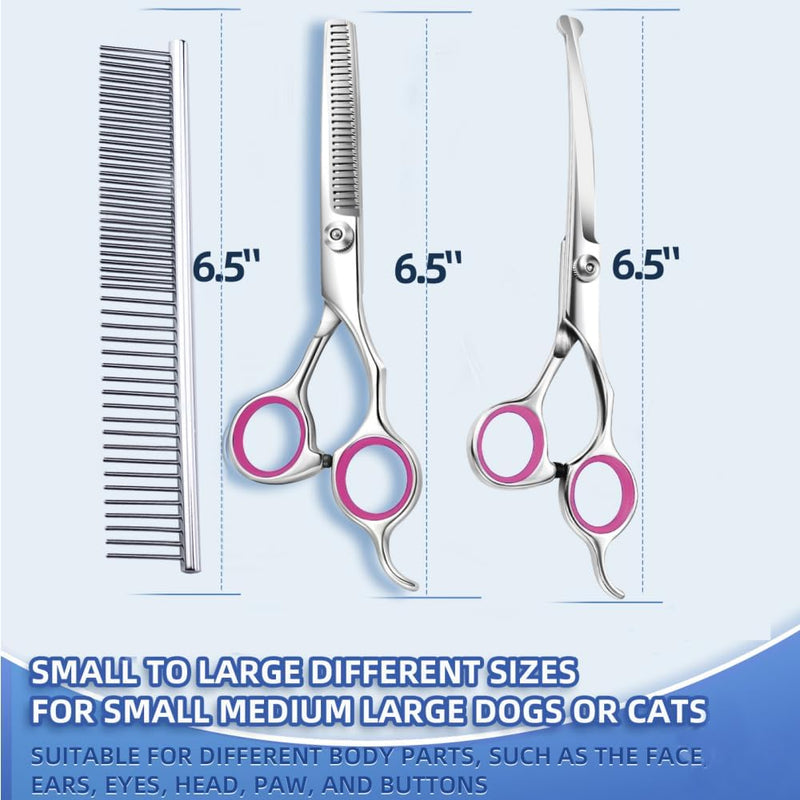 Dog Grooming Scissors - Professional Pet Grooming Kit with Flea Comb - Safety Round Tips Dog Thinning Scissors (Pink) Set of 6 | Grooming Products for Dogs Petking Pink-set of 6