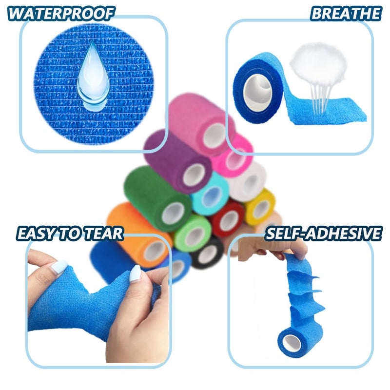 15 Pack 3 Inch x 5 Yards Self Adhesive Bandage Wrap, Non-Woven Bandage,Vet Wrap Breathable Elastic Self-Adherent Tape for Stretch Athletic, Sports, Wrist, Ankle (Mix) 3IN Mix - PawsPlanet Australia