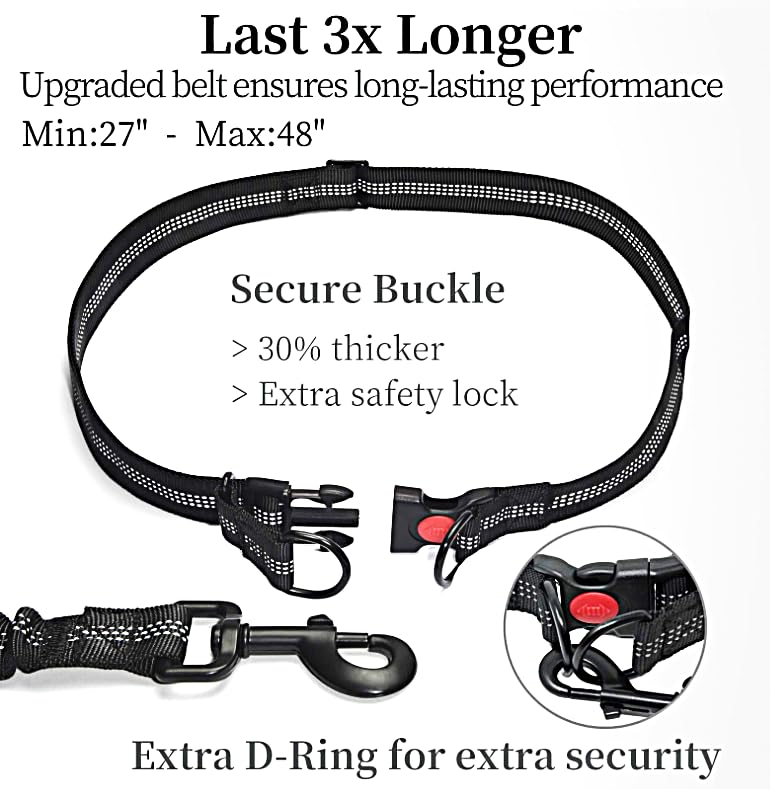 Hands Free Dog Leash with Waist Zipper Pouch, Dual Padded Handles and Dual Bungee Shockabsorbing Leash with Safety Reflective Strip for Walking, Jogging and Running Your Dog Black