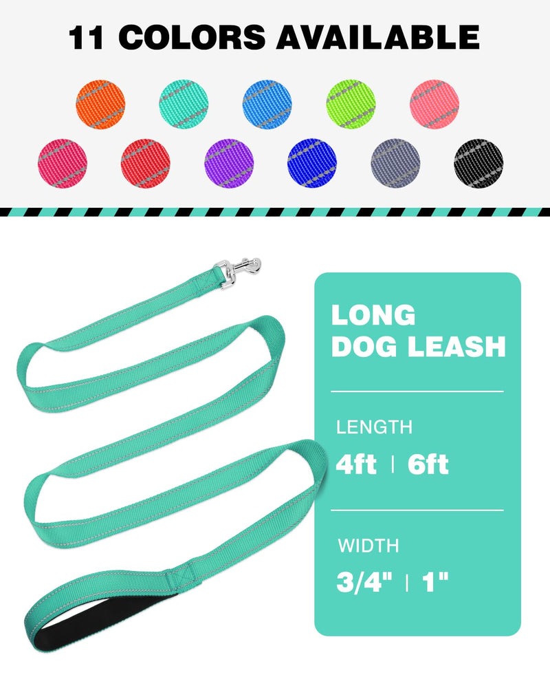 6ft Dog Leash for Small Medium Large Dogs | One-Sided Reflective Nylon | Padded Handle | 3/4 inch Wide | Turquoise 3/4"*6' - PawsPlanet Australia