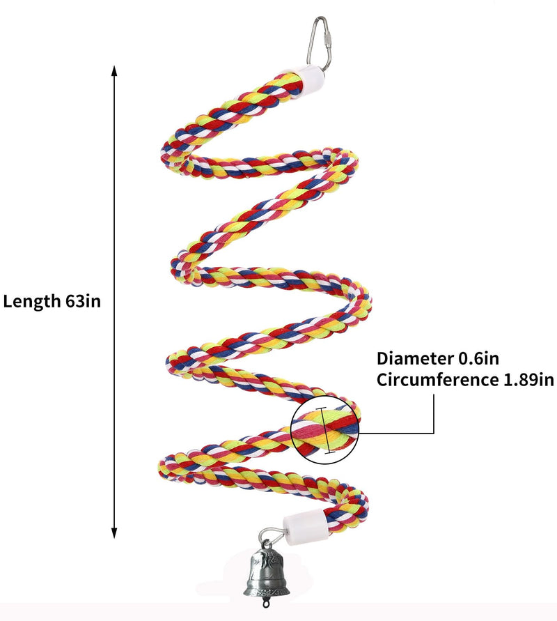 2Pcs 63'' Bird Rope Perches Birdcage Swing Toys 100% Cotton Natural Bird Perch Peck/Chewing with Bell Climbing Standing Bungee Parrot Toys for Small to Regular Size Parrot Cockatiel Birds 63'x2pcs - PawsPlanet Australia