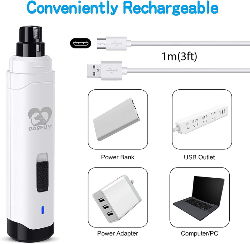 Casfuy Dog Nail Grinder Upgraded - Professional 2-Speed Electric Rechargeable Pet Nail Trimmer Painless Paws Grooming & Smoothing for Small Medium Large Dogs & Cats (White) A-White - PawsPlanet Australia