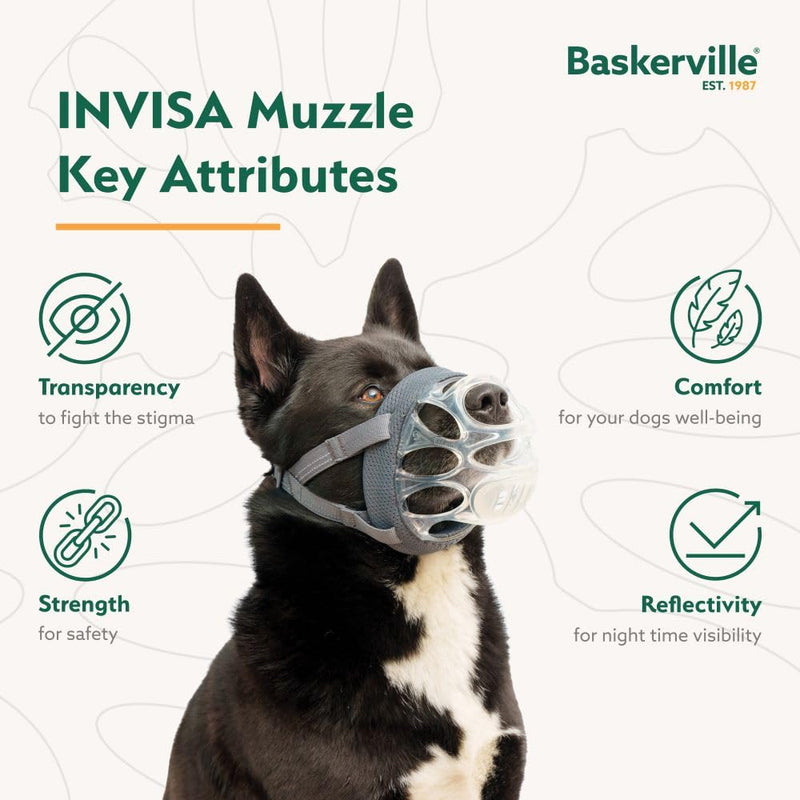 Baskerville INVISA Basket Dog Muzzle - Patented Humane Design with Facial Visibility,Padded Nose Band,Dog can Pant and Drink, Prevents Biting and Scavenging.Muzzle for Medium-sized Dogs (Size 3),Clear - PawsPlanet Australia