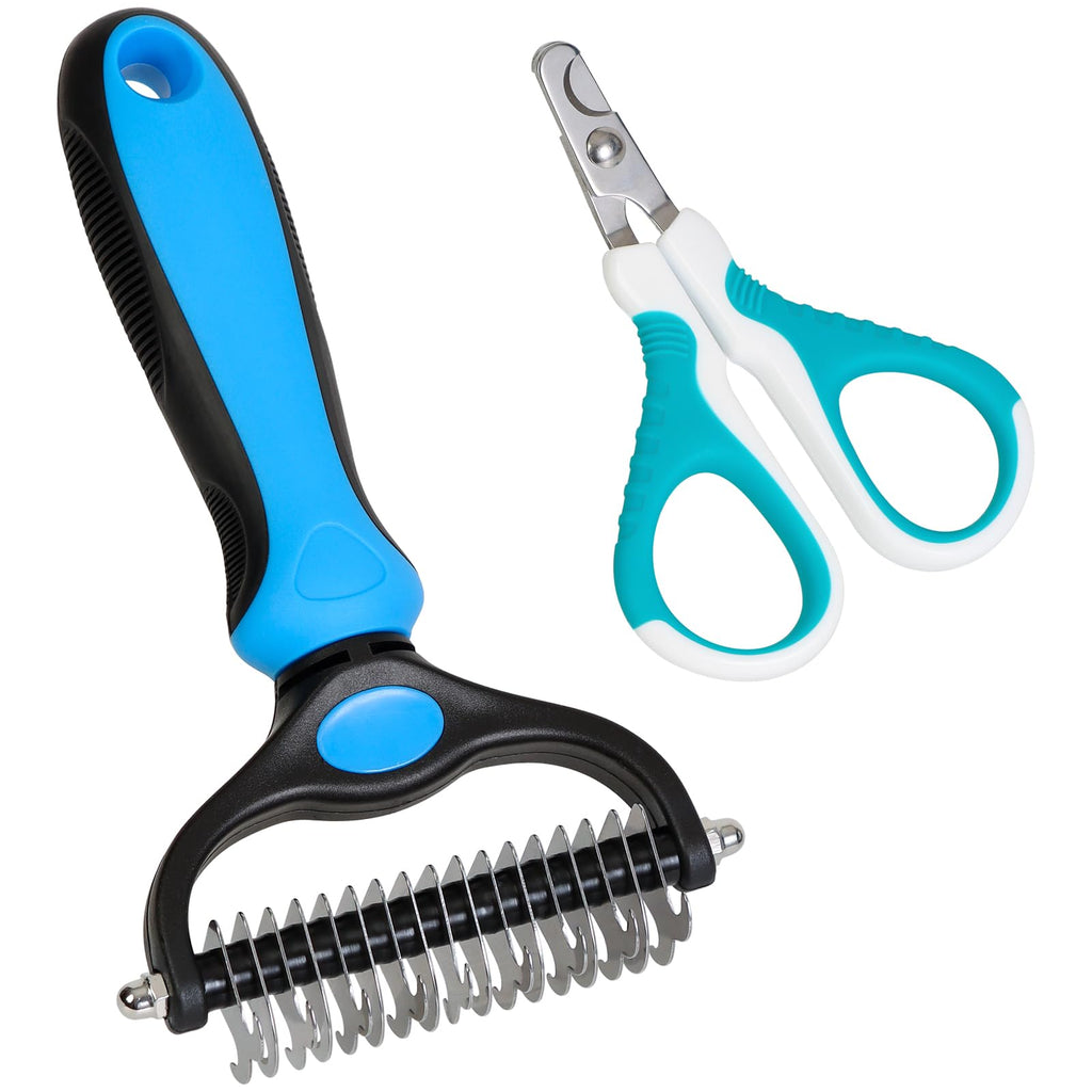 Pet Grooming Brush & Nail Clipper - Double Sided Shedding, Dematting Undercoat Rake for Dogs, Cats - Extra Wide Dog Brush for Shedding, Cat Brush & Cat Nail Clipper, Kitten Nail Trimmers - Set of 2 - PawsPlanet Australia