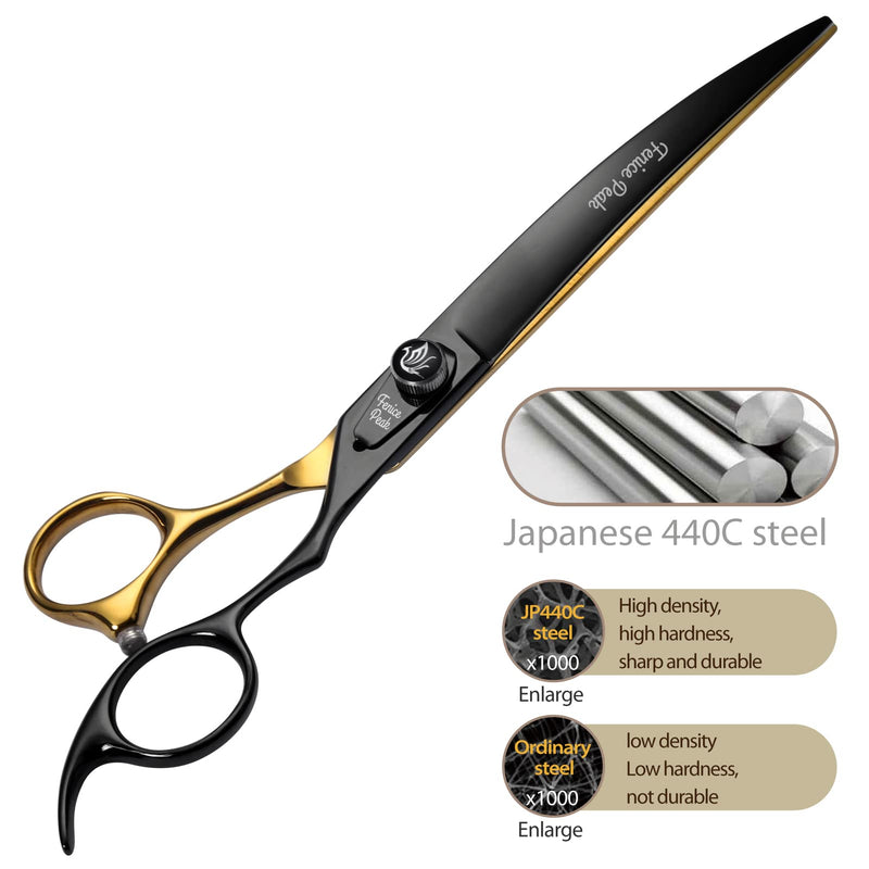 Fenice Peak 7'' Black Dog Grooming Scissors Goldern Curved Scissors with Ergonomic Offest Handle and Pattern Screw Pet Grooming Trimming Shears Durable and Sharp 440C 7'' - PawsPlanet Australia