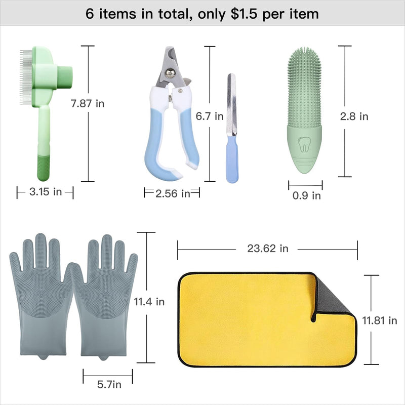 Cat&Dog Grooming Kit-6PCS for Cat Flea Comb, Dog Brush For Shedding,Pet Nail Clippers For Dogs,Pet Grooming Gloves, Dog Finger Toothbrush & Dog Bath Towel- Perfect Cat Grooming Supplies green - PawsPlanet Australia