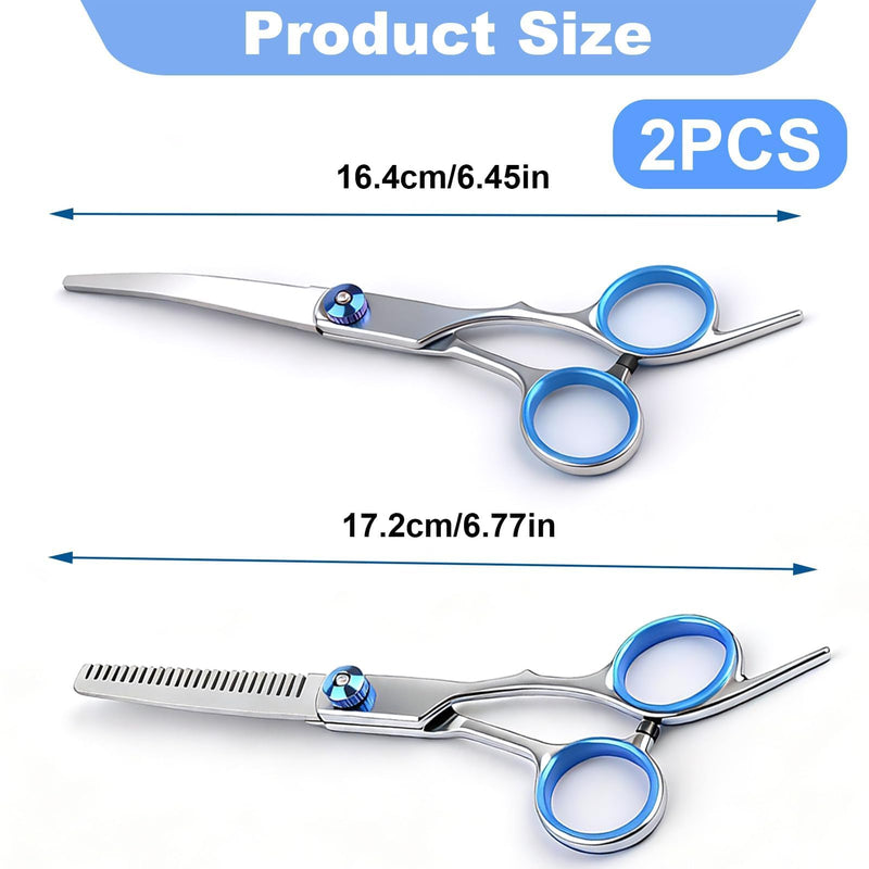 2 Pack Dog Grooming Scissors Set with Safety Round Tips Thinning Shears and Curved Scissors Stainless Steel Pet Grooming Kit for Long Short Hair for Dogs and Cats (Blue)