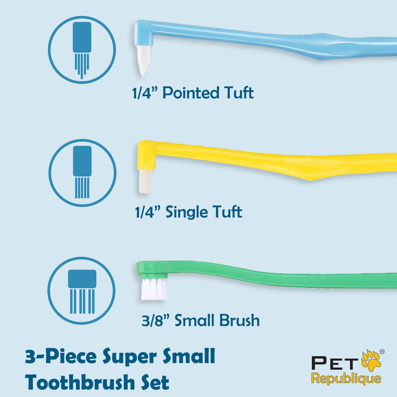 Pet Republique Extra Small Breed Toothbrushe Kit for Dogs & Cats– 1/4” Pointed Brush, 1/4” Flat Brush, 3/8” Regular Brush (3-Piece Kit) - Works on Yorkie, Chihuahua, Pomeranian, and Miniature Breeds - PawsPlanet Australia