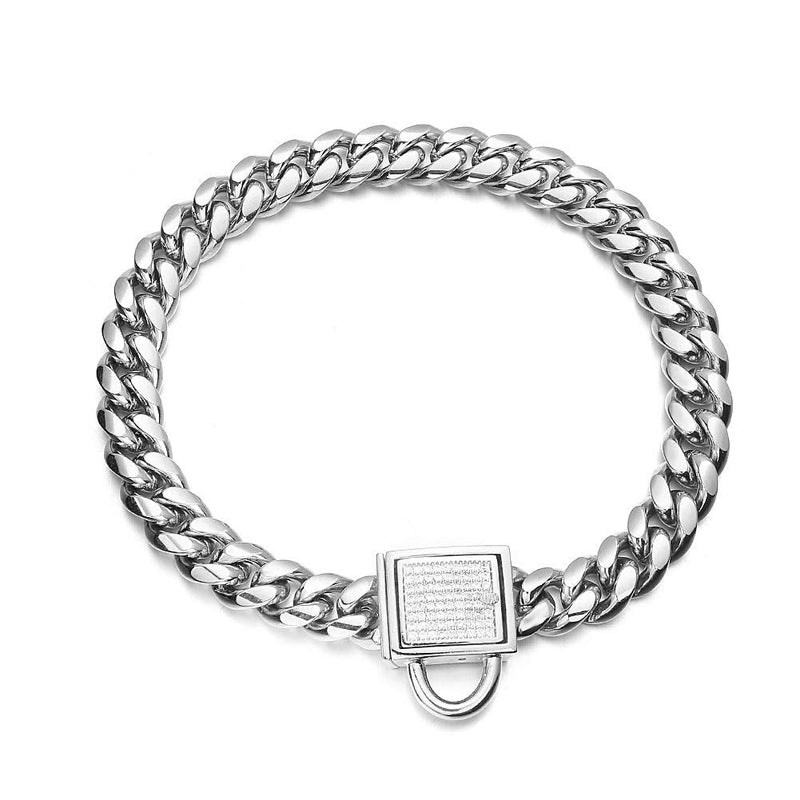 Dog Chain Collar 10mm Wide Cuban Link Puppy Collar 316L Stainless Steel with CZ Diamond Lock Bling Collar for Medium Dogs(10mm Silver,16inch) Silver, width 10mm 16inch