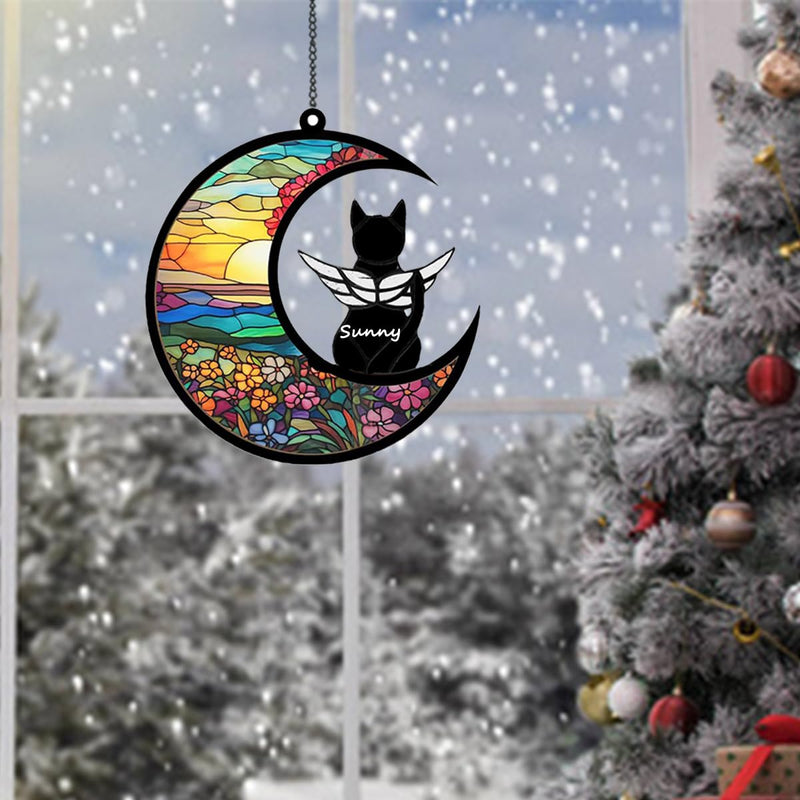 Cat Memorial Gift for Loss of Cat-Pet Remembrance Sympathy Ornament Personalized Date Name Pattern Angel Cat on Moon Gifts for Cat Lovers Flower moon cat - PawsPlanet Australia