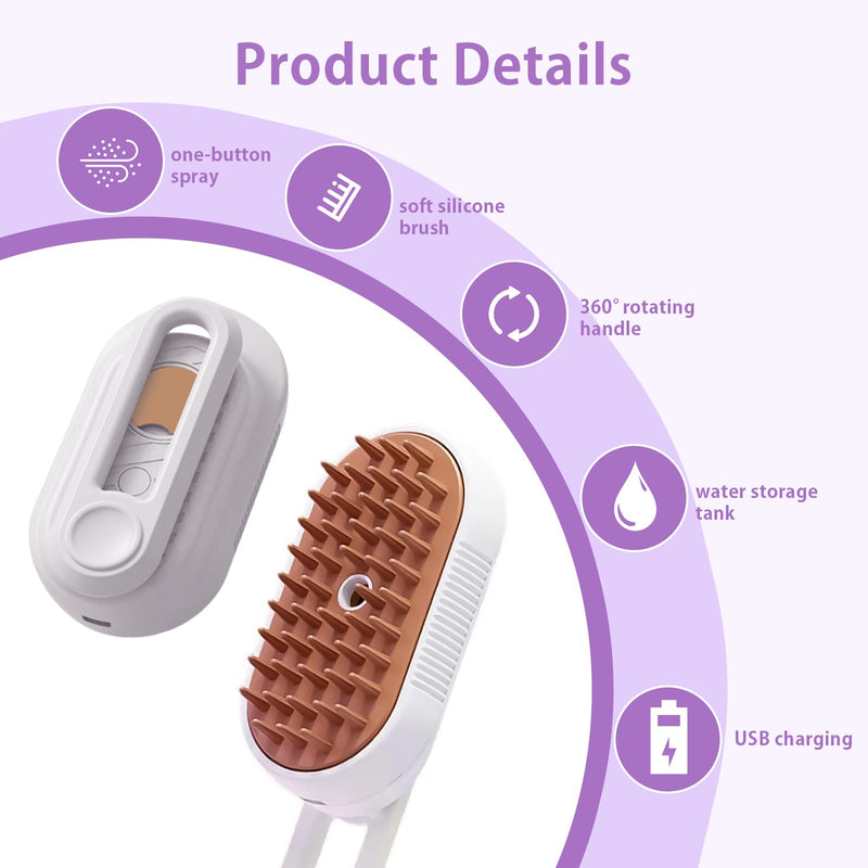 ZTJ Steam Brush for Dogs and Cats – 3-in-1 Pet Grooming Tool for Cleaning, Detangling, Massaging – Nano Steam, Hair Catcher, 360° Handle (White) White - PawsPlanet Australia