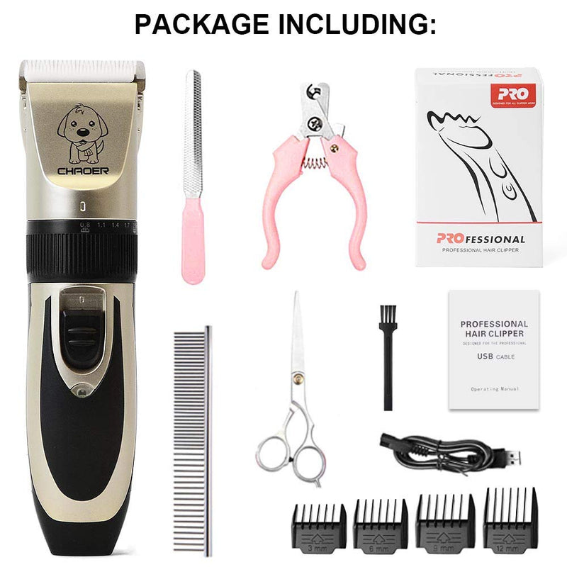 Pet Dog Grooming Clippers - Rechargeable Low Noise Cordless Pet Clippers, Professional Dog Hair Trimmer Grooming Kit with 4 Guide Combs and Cleaning Brush Nail Kits for Dogs Cats Any Animals Gold-1 - PawsPlanet Australia