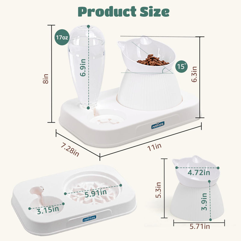 Nobleza 3-in-1 Slow Pet Feeder Bowl Bottle Set, Automatic Pet Dispenser Treat Food & Water Bowl with 15° No Spill Tilted Raised Bowl for Cat Dog Small Medium Pet Kitten Puppy Bunny Healthy Food Water - PawsPlanet Australia