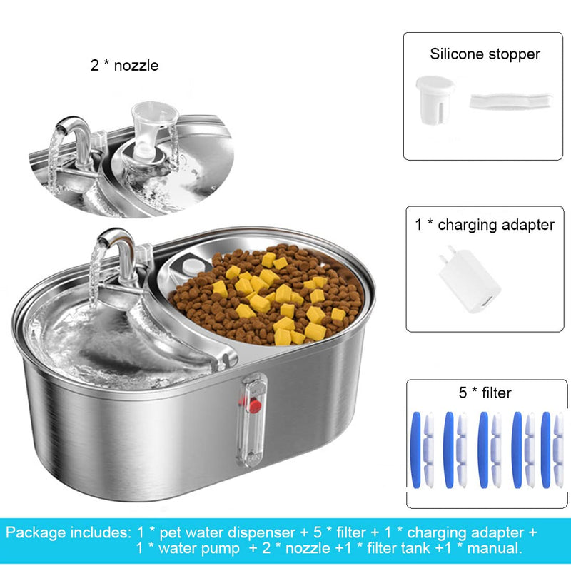 Dual Bowl Cat Water Fountain 3L/101oz,Stainless Steel Pet Drinking Fountain,2-in-1 Cat Bowls for Food-Wate(Water-Water),Ultra-Silent Automatic Dog Water Dispenser with Pump and 5 Filters 101oz/3L Cat Water Fountain - PawsPlanet Australia
