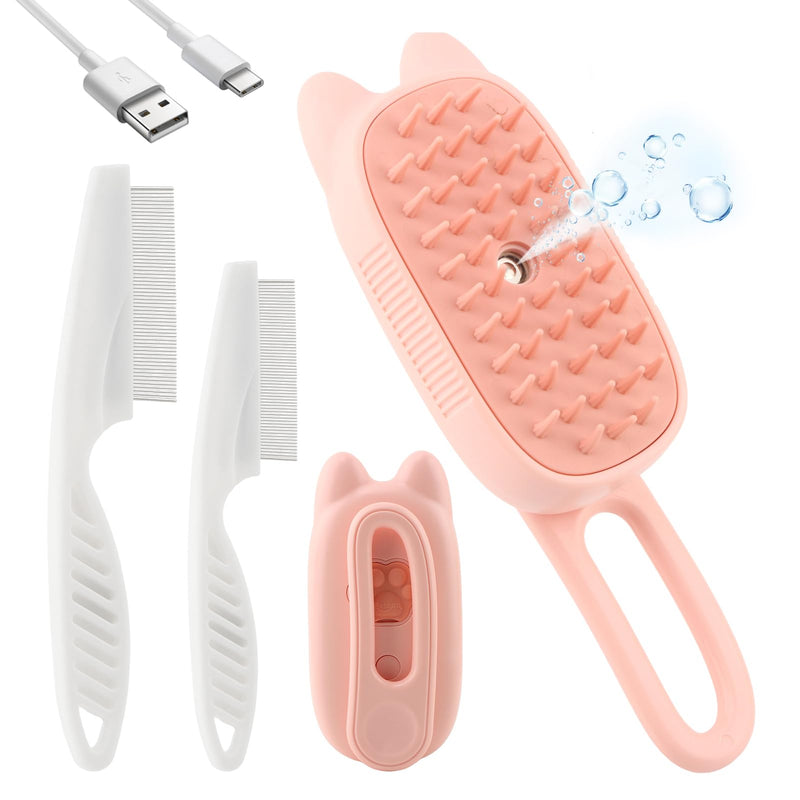 Cat Steam Brush 4 in 1, Rechargeable Steamy Brush for Shedding & Grooming, Foldable Handle Pet Hair Removal Comb, Water Mist Spa for Cats/Dogs(COLOR:Pink) Pink