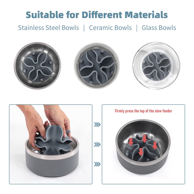 Jaoul Slow Feeder Dog Bowls Insert, Puzzle Slow Feeder with 51 Octopus Suction Cups for Medium Large Size Dog Bowls Over 6.5" Wide (Grey) Large(5.5 inch) Grey - PawsPlanet Australia
