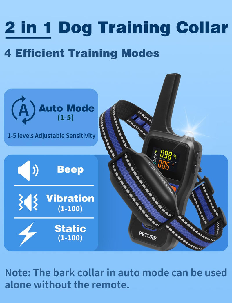 Bark Shock Collar for Dogs, 3300Ft 2-in-1 Bark and Training Collar Combo with Beep, Vibration, Static & Auto Mode, IPX7 Waterproof Automatic Bark Collar for Small Medium Large Dogs (7-120lbs) Blue - PawsPlanet Australia
