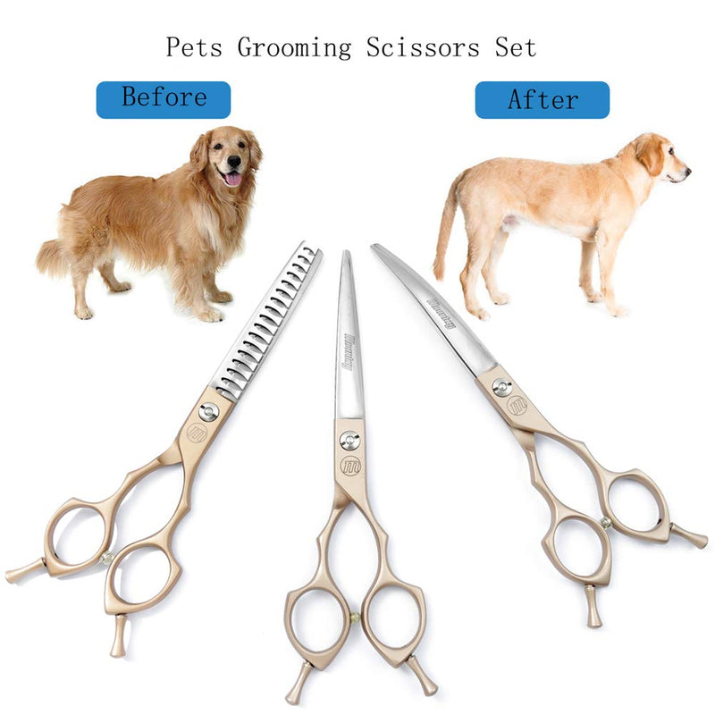 Moontay 6.5" Professional Pet Grooming Scissors Set, 3-pieces Dog Cat Grooming Straight & Curved & Chunker Shears/Scissors with 1 Grooming Comb, 440C Japanese Stainless Steel Grooming Scissor, Gold 3 PCS ( Straight & Curved & Chunker Scissors ) - PawsPlanet Australia