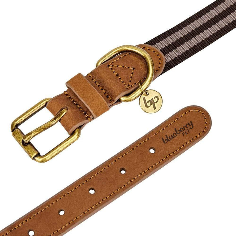 Blueberry Pet Soft & Comfy Genuine Full Grain Leather & Polyester Combo Adjustable Dog Collar - Classic Staple Striped in Chocolate and Taupe, Medium, Neck 15"-18" 1" Wide * (15"-18") Neck (Pack of 1) Leather & Polyester - Chocolate & Taupe - PawsPlanet Australia
