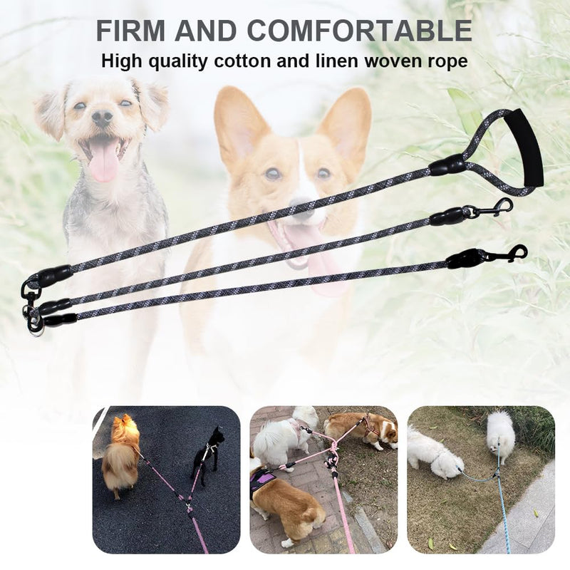 Dual Dog Leash, Reflective Heavy Duty Two Dog Leash for Small Medium Large Dogs, 2 Dog Leashes, 360° Swivel Tangle Free with Comfortable Handle, Support Add to Multiple Rope, Black Double Leashes - PawsPlanet Australia