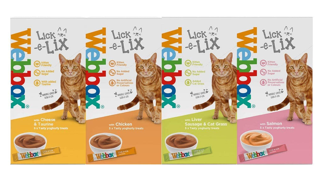 Webbox Lick-e-lix Cat Food Yoghurt Variety Pack (1 x Salmon 1 x Chicken 1 x Liver Sausage 1 x Cheese & Taurine)