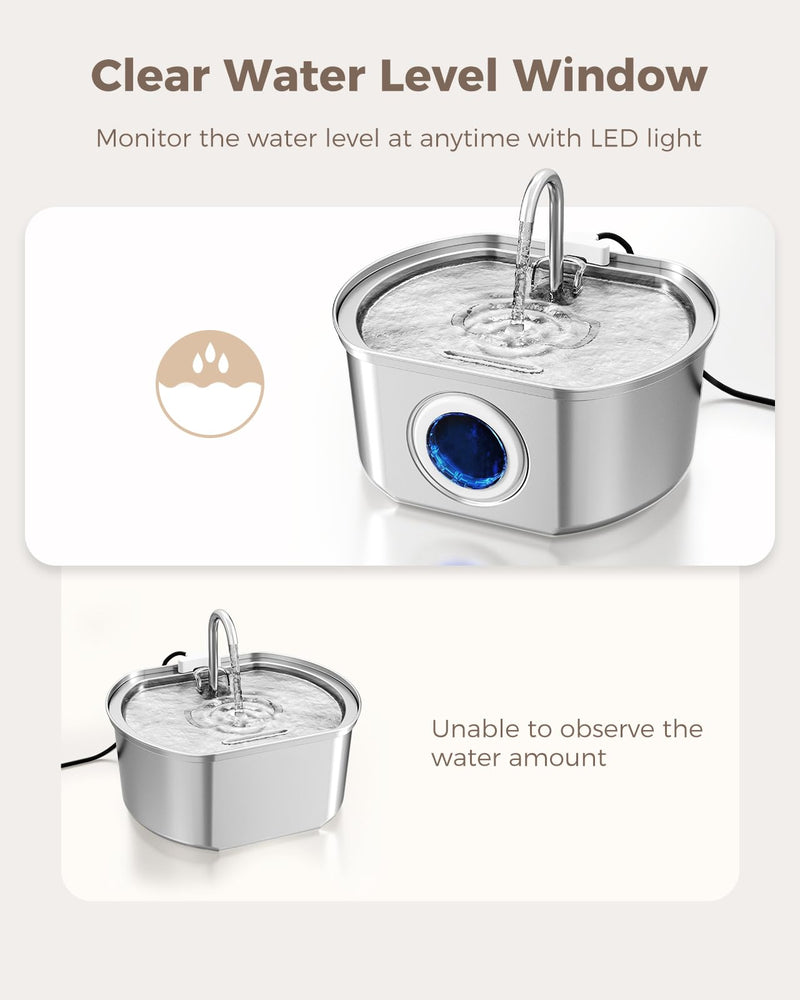 Cat Water Fountain Stainless Steel: 108oz/3.2L Cat Fountain for Drinking- Pet Water Fountain Inside - Automatic Dog Watering Dispenser Bowl - Pet Feeding & Watering Supplies - Water Level Window 108oz Cat Fountain + 4 Filters - PawsPlanet Australia