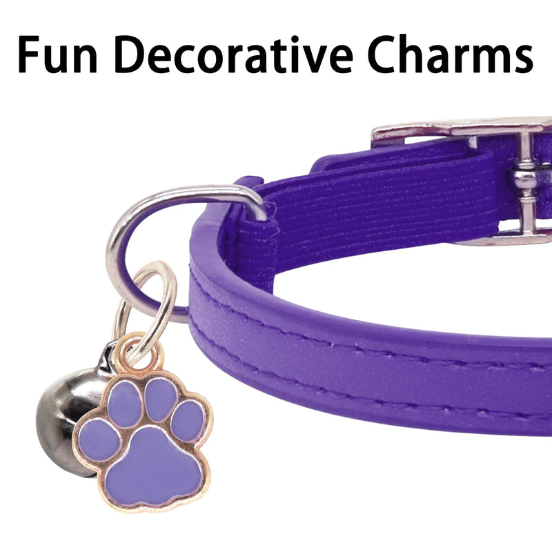 Cat Collar, Soft Leather Cat Collar with Bells, Safe Collars with Cute Paw Charm for Male Female Cats, 8-11”, Purple 8-11”