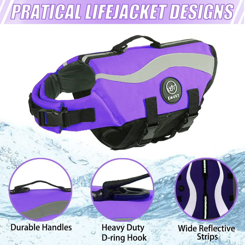 EMUST Dog Flotation Vest, Reflective Life Jacket for Small Dogs with Rescue Handle, Small Dog Vests Lifesaver for Swimming Boating Water with Front Neck Float, Purple,S S