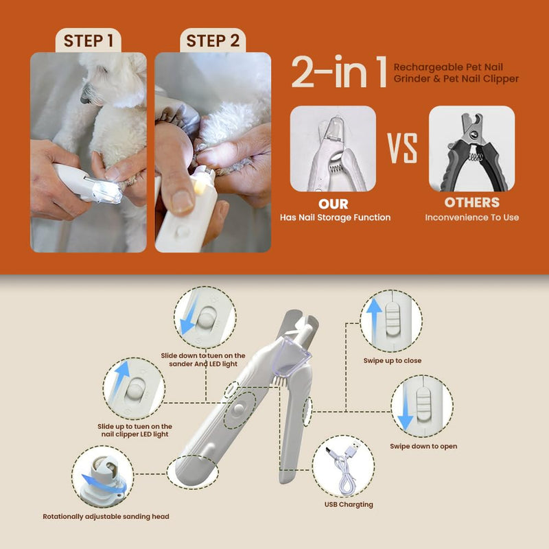 2-in-1 Dog Nail Clipper & Grinder for Dogs & Cats – LED Light, Low Noise, USB Rechargeable – Safe Nail Trimmer for Large, Medium & Small Breeds – Pet Grooming Kit Tool with Dust Cap & Safety Guard - PawsPlanet Australia