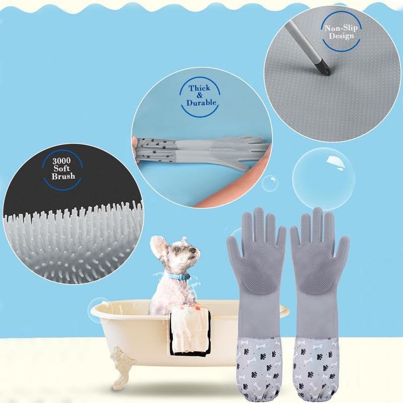 Pet Grooming Gloves Pet Hair Remover Cat, Dog Washing Gloves Silicone Heat Resistant Cleaning Gloves with High-Density Teeth Grooming Gloves for Dogs, Cats, Horses, Rabbits (1 Pair - Gray) 1 Pair - Gray - PawsPlanet Australia