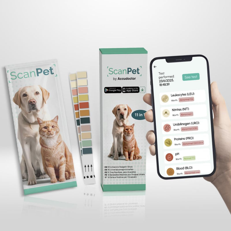 (10 Strips) SCANPET APP Urine Test for Cats and Dogs 11 Parameter Strips Urine Infection Strips for Dogs and Cats - Individually Wrapped - Glucose pH Protein Ketones Strips