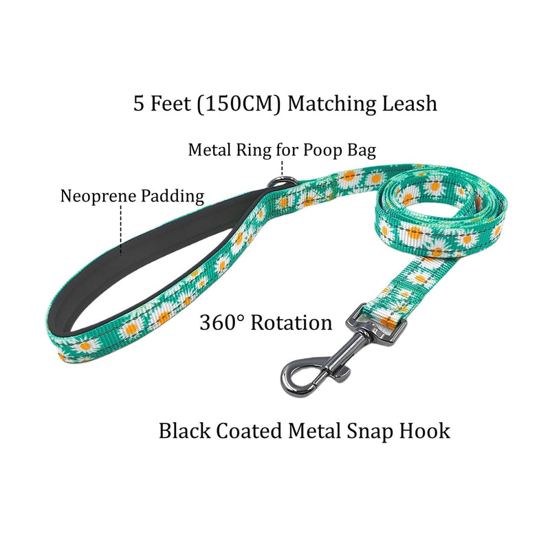 Dog Collar Leash Set, Floral Pattern, with Safety Reflective Strips, 5 ft Matching Leash, Neoprene Padded Handle, Adjustable 4 Sizes for Small Medium Large Dogs.(S, Pink Daisy) Floral Daisy Green