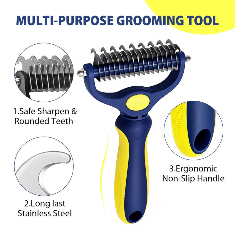 Professional Double-Sided Pet Grooming Rake, Blue and Yellow Deshedding Tool for Dogs and Cats, Undercoat Dematting Brush for Long Hair Pets