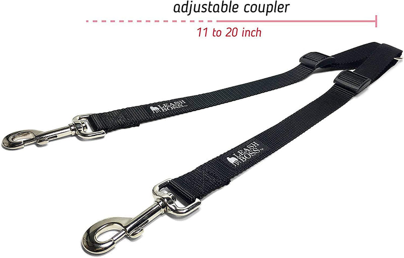 Leashboss Heavy Duty Double Dog Leash Coupler for Large Dogs - 11-20 Inches - Adjustable 1 Inch Nylon Splitter for Two Big Dogs (1 Inch Wide x 11-20 Inches, Black) 11-20 Inch - PawsPlanet Australia