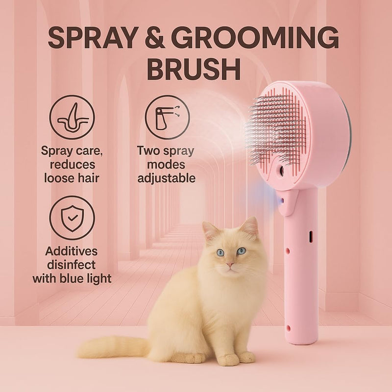 Cat Brush with Steam for Shedding & Grooming – Self Cleaning Deshedding Comb with Dual Mist Spray, Blue Light & 140° Curved Bristles – For Long-Haired Cats & Small Dogs - PawsPlanet Australia