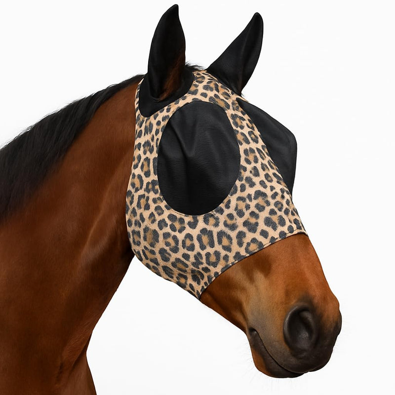 Stretchable UV-Blocking Equine Fly Mask with Moldable Ear Covers, Adjustable Comfort Mesh Straps, Leopard-Pattern Pasture & Trail Protection Perfectly Sized for Full Sized Horses - Leopard Print Large