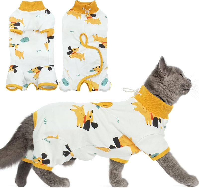 DENTRUN Cat Surgery Recovery Suit Female Male Soft Onesie, Kitten Surgical Collar Cone Alternative Shirt, Abdominal Wounds Anti-Licking Pajama for Small Pets Spay, Cat Body Suit Post Surgery S Yellow Puppy