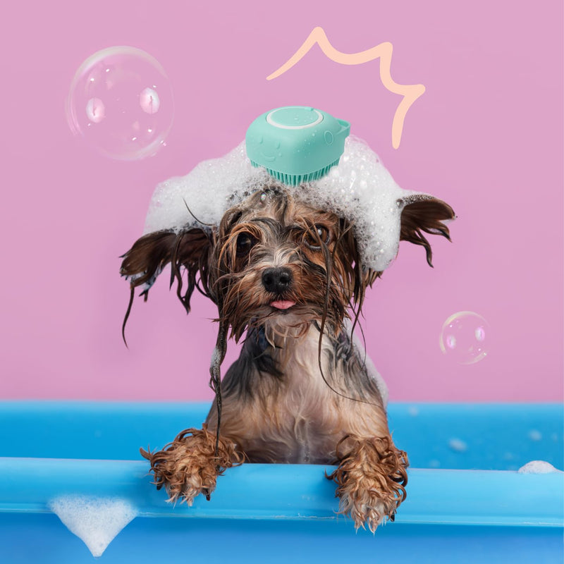 HamInWay Dog Bath Brush, 2-in-1 Dog Grooming Brush with Built-in Shampoo Dispenser, Gentle Silicone Bristles for Bath & Massage, Non-Slip Handle, Easy Clean Design for Dogs, Cats & Small Pets, Blue - PawsPlanet Australia