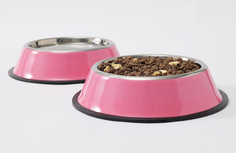 Stainless Steel Dog Bowls, Food and Water Non Slip Anti Skid Stackable Pet Puppy Dishes for Small, Medium and Large Dogs (2 Pack) ¾ Cup/7 oz ea. Pink