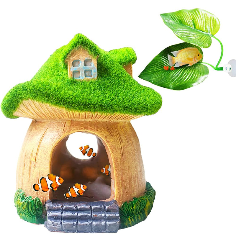 WINGOFFLY® Resin Fish Hideout House Mushroom with Artificial Leaves Betta Fish Shelter Fish Hide House Shrimp Hideout Cave Betta Fish Hide Cave for Aquarium Fish Tank Decor - PawsPlanet Australia