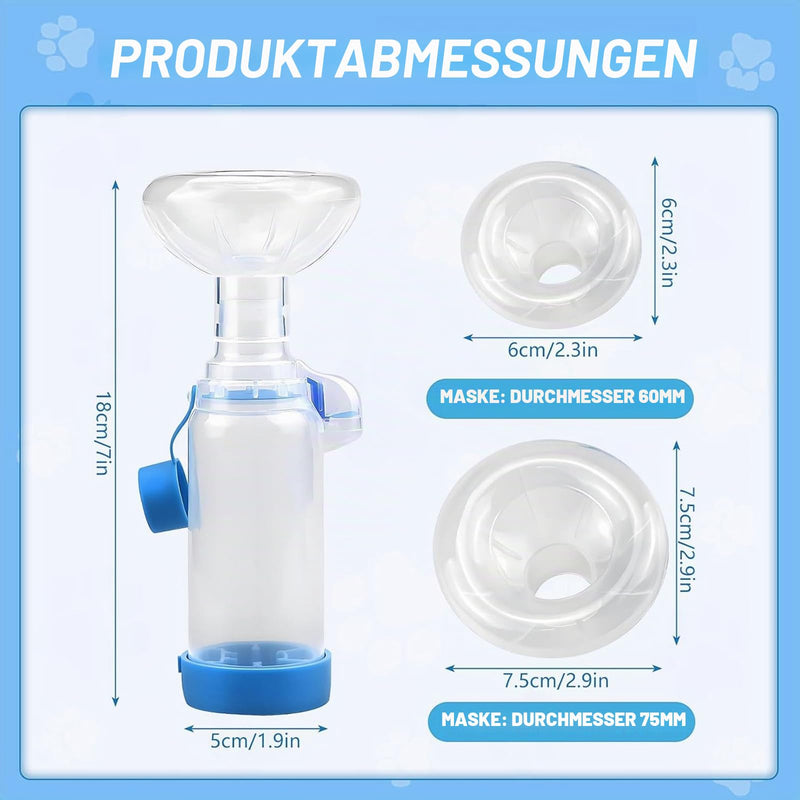 Inhaler Spacer for Pets with 2 Masks, Aerosol Chamber with Breathing Flow Indicator, Anti-Static, Compatible with All MDIs, for Cats and Dogs