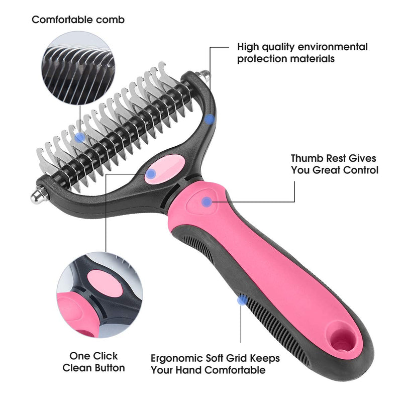 Pet Grooming Tool - 2 Sided Undercoat Rake for Cats and Dogs - Safe Dematting Comb for Easy Mats & Tangles Removing - No More Nasty Shedding and Flying Hair pink other - PawsPlanet Australia